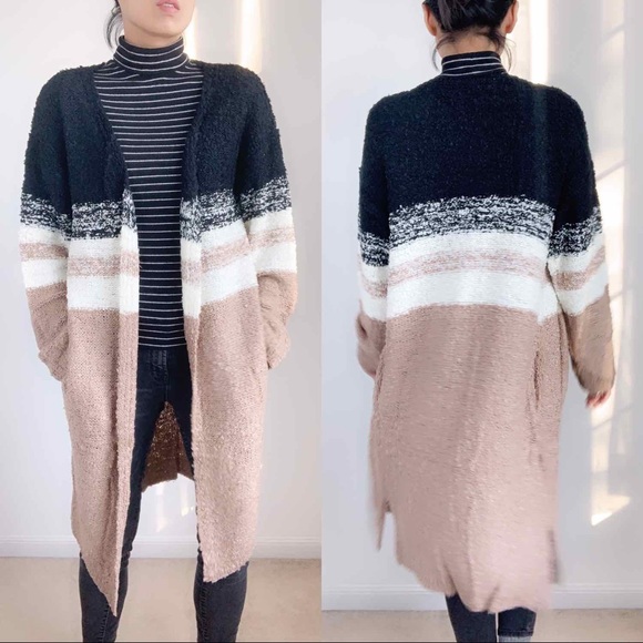 LONG CARDIGAN SWEATER WITH POCKETS - BLACK WHITE TAUPE - Picture 1 of 7